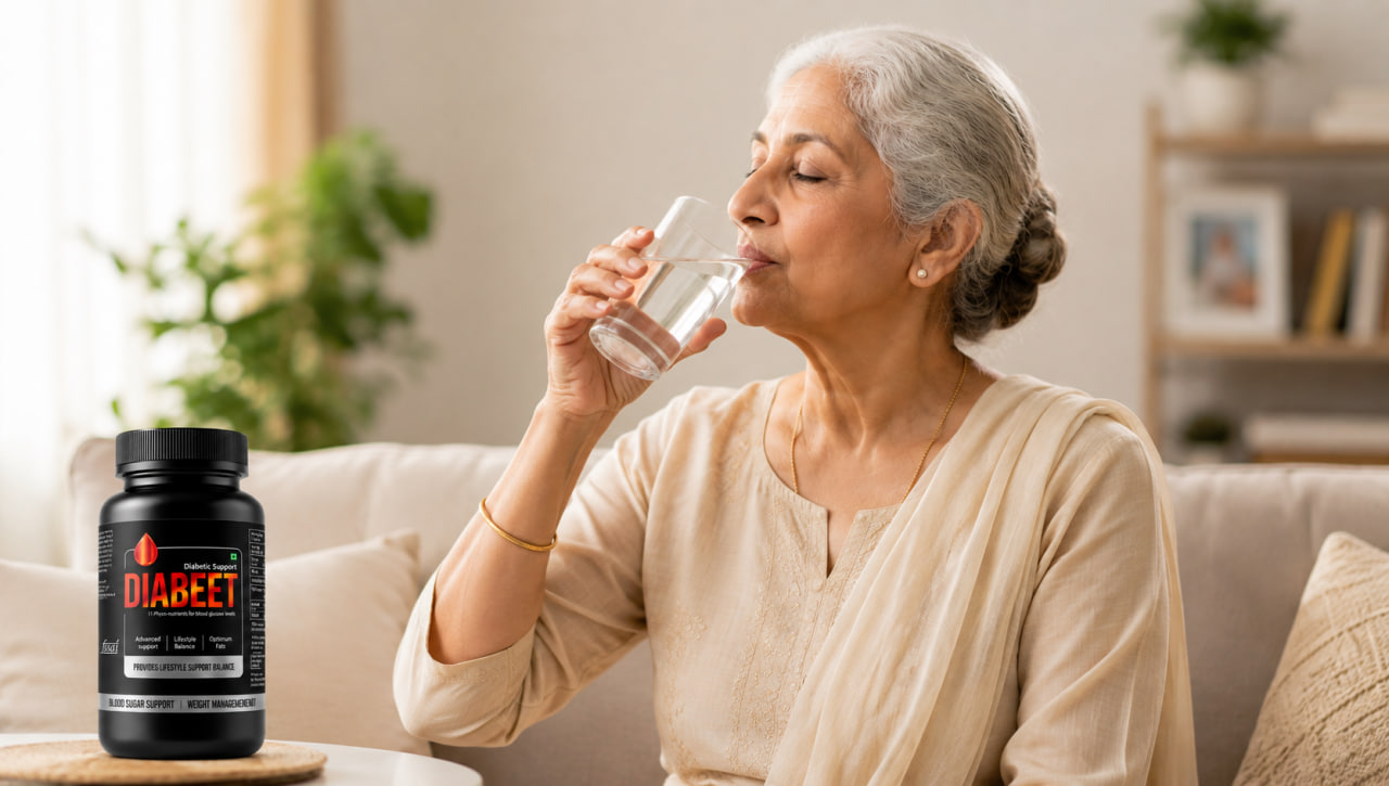 Diabeet कैप्सूल की बोतल के साथ पानी पीती हुई महिला