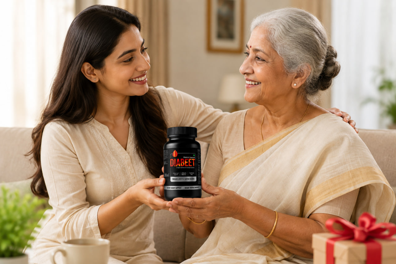 एक बेटी अपनी माँ को घर पर Diabeet कैप्सूल की बोतल देते हुए